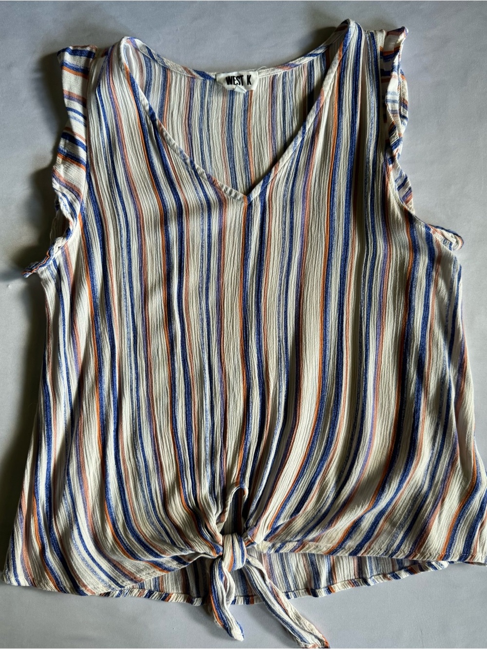 West K Striped Tie Front Tank Top Small V Neck Sleeveless Blue Orange White - Picture 7 of 10